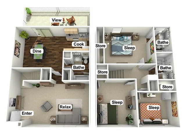 Elegant 3D floor plan of a duplex with inviting living, cooking, dining areas and three comfortable bedrooms.