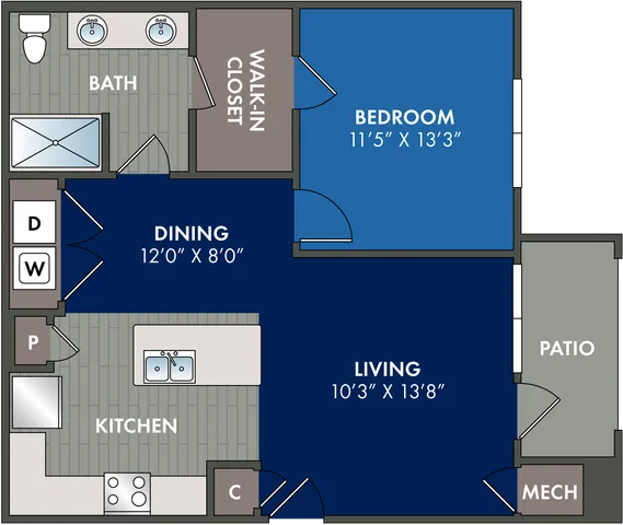 2D floor plan of the Courage one-bedroom, one-bath apartment at Abberly Liberty Crossing by HHHunt in Charlotte, NC, showing the apartment layout, living area, kitchen, bedroom, bathroom, and storage.