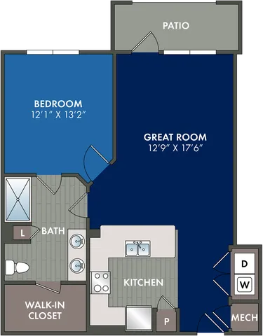 2D floor plan of the Dream one-bedroom, one-bath apartment at Abberly Liberty Crossing by HHHunt in Charlotte, NC, showing the apartment layout, living area, kitchen, bedroom, bathroom, and storage.