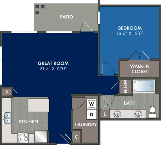2D floor plan of the Freedom one-bedroom, one-bath apartment at Abberly Liberty Crossing by HHHunt in Charlotte, NC, showing the apartment layout, living area, kitchen, bedroom, bathroom, and storage.