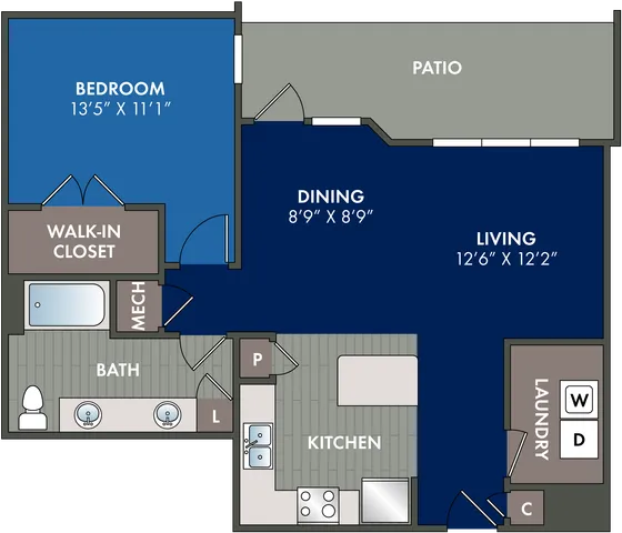 2D floor plan of the Haven one-bedroom, one-bath apartment at Abberly Liberty Crossing by HHHunt in Charlotte, NC, showing the apartment layout, living area, kitchen, bedroom, bathroom, and storage.