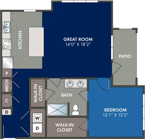 2D floor plan of the Hope one-bedroom, one-bath apartment at Abberly Liberty Crossing by HHHunt in Charlotte, NC, showing the apartment layout, living area, kitchen, bedroom, bathroom, and storage.
