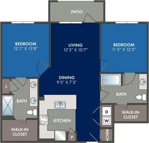2D floor plan of the Intrepid two-bedroom, two-bath apartment at Abberly Liberty Crossing by HHHunt in Charlotte, NC, showing the apartment layout, living areas, kitchen, bedrooms, bathrooms, and storage.
