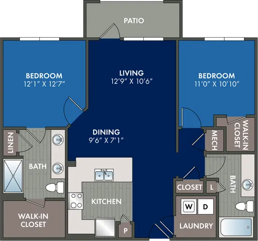 2D floor plan of the Prosper two-bedroom, two-bath apartment at Abberly Liberty Crossing by HHHunt in Charlotte, NC, showing the apartment layout, living areas, kitchen, bedrooms, bathrooms, and storage.