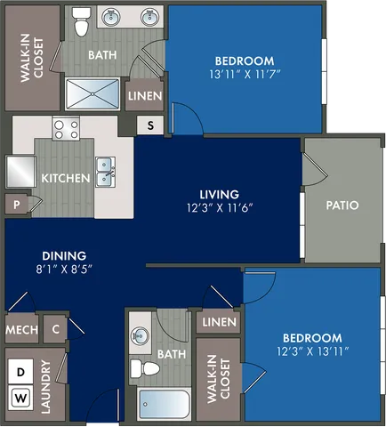 2D floor plan of the Rise two-bedroom, two-bath apartment at Abberly Liberty Crossing by HHHunt in Charlotte, NC, showing the apartment layout, living areas, kitchen, bedrooms, bathrooms, and storage.
