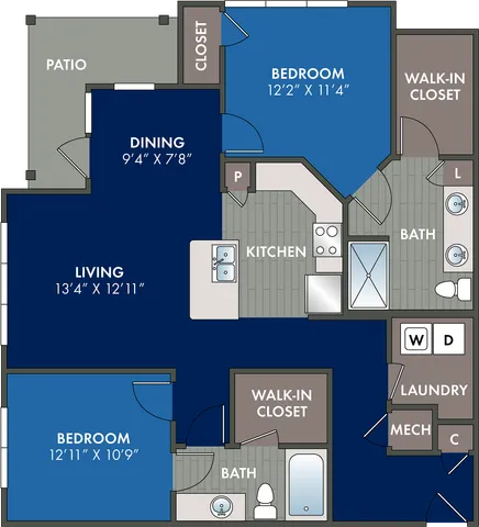 2D floor plan of the Sovereign two-bedroom, two-bath apartment at Abberly Liberty Crossing by HHHunt in Charlotte, NC, showing the apartment layout, living areas, kitchen, bedrooms, bathrooms, and storage.
