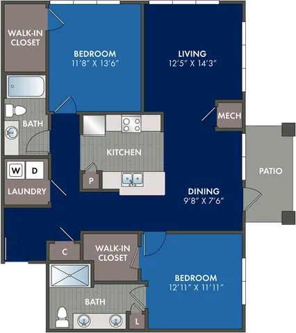 2D floor plan of the Thrive two-bedroom, two-bath apartment at Abberly Liberty Crossing by HHHunt in Charlotte, NC, showing the apartment layout, living areas, kitchen, bedrooms, bathrooms, and storage.