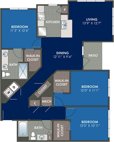 2D floor plan of the Valor three-bedroom, two-bath apartment at Abberly Liberty Crossing by HHHunt in Charlotte, NC, showing the apartment layout, living areas, kitchen, bedrooms, bathrooms, and storage.