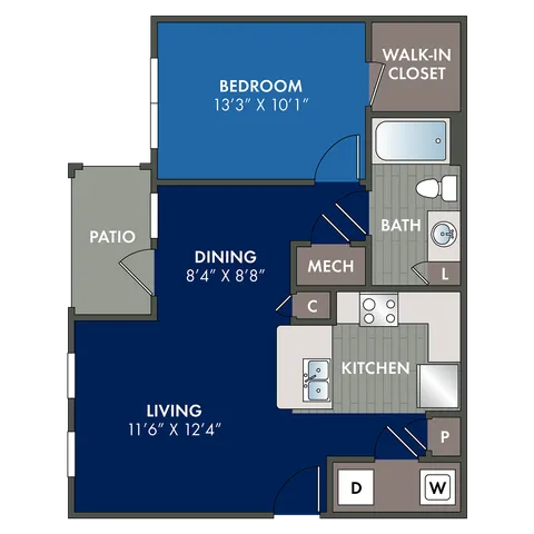 2D floor plan of the Aspire one-bedroom, one-bath apartment at Abberly Liberty Crossing by HHHunt in Charlotte, NC, showing the apartment layout, living area, kitchen, bedroom, bathroom, and storage.