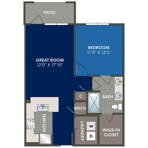 2D floor plan of the Brave one-bedroom, one-bath apartment at Abberly Liberty Crossing by HHHunt in Charlotte, NC, showing the apartment layout, living area, kitchen, bedroom, bathroom, and storage.