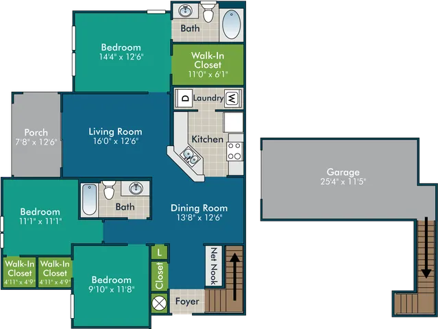 The Shanley I with Garage Floor Plan at Abberly Green Apartment Homes