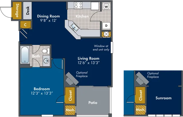 2D floor plan of the Orchard one-bedroom, one-bath apartment at Abberly Twin Hickory by HHHunt in Glen Allen, VA, showing the apartment layout, living area, kitchen, bedroom, bathroom, and storage.