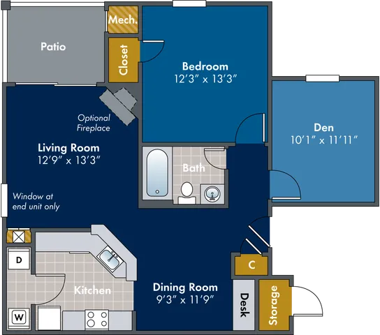 2D floor plan of the Chesapeake one-bedroom, one-bath apartment at Abberly Twin Hickory by HHHunt in Glen Allen, VA, showing the apartment layout, living area, kitchen, bedroom, bathroom, and storage.