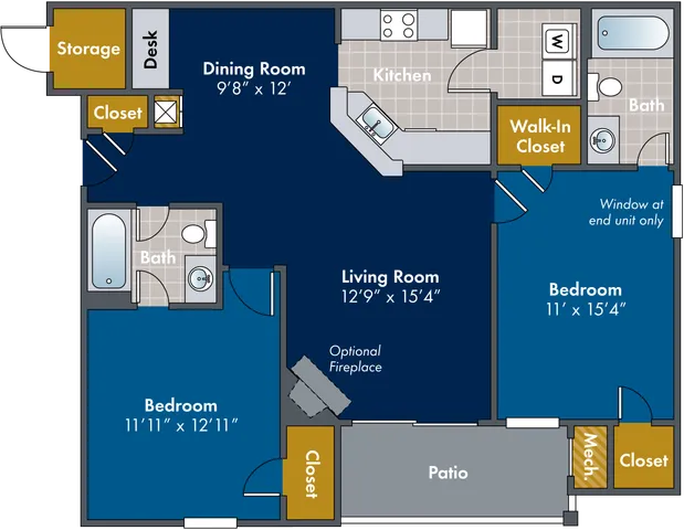 2D floor plan of the Luray two-bedroom, two-bath apartment at Abberly Twin Hickory by HHHunt in Glen Allen, VA, showing the apartment layout, living areas, kitchen, bedrooms, bathrooms, and storage.