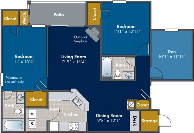 2D floor plan of the Bedford two-bedroom, two-bath apartment at Abberly Twin Hickory by HHHunt in Glen Allen, VA, showing the apartment layout, living areas, kitchen, bedrooms, bathrooms, and storage.