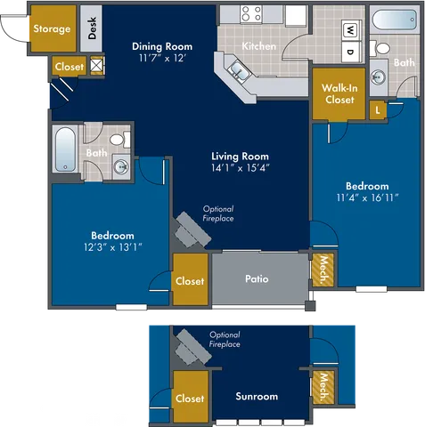 2D floor plan of the Skyline two-bedroom, two-bath apartment at Abberly Twin Hickory by HHHunt in Glen Allen, VA, showing the apartment layout, living areas, kitchen, bedrooms, bathrooms, and storage.