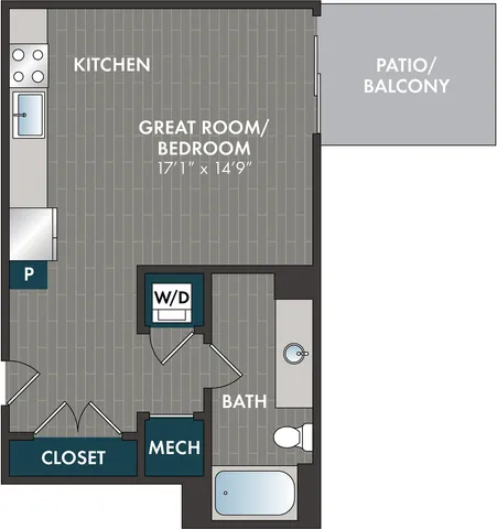 Modern studio floor plan featuring an open-concept great room and kitchen with adjacent patio, ample closet space, and stylish bathroom layout.