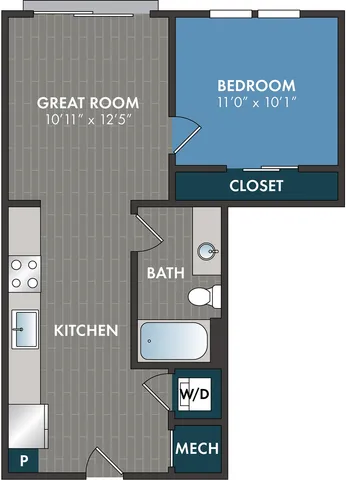Modern 2D floor plan with one bedroom, featuring a spacious great room, functional kitchen, and a well-designed bath.