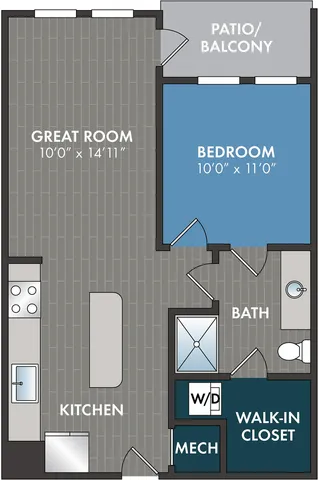 Contemporary floor plan showcasing a 1-bedroom layout with a spacious great room, modern kitchen, stylish bathroom, walk-in closet, and patio balcony.
