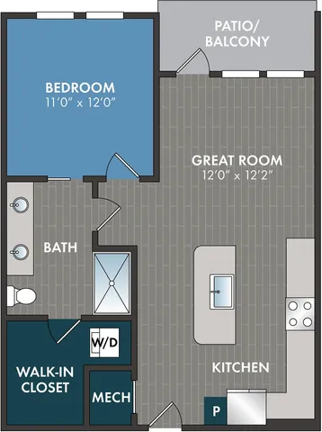Chic floor plan showcasing a spacious great room, modern kitchen, cozy bedroom with patio access, and walk-in closet.