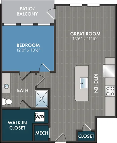 Inviting modern apartment floor plan featuring one bedroom, spacious great room, kitchen with island, bath, walk-in closet, and a cozy patio/balcony.