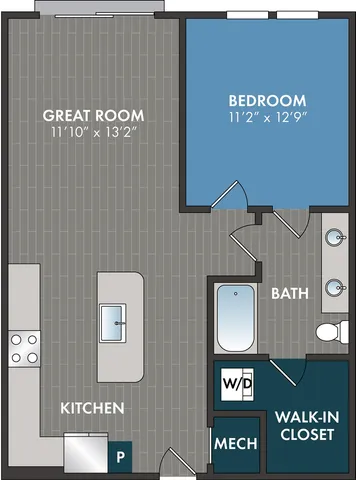 Elegant floor plan showcasing a spacious great room, modern kitchen with island, cozy bedroom, and luxurious bath with walk-in closet.