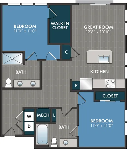 Modern floor plan featuring 2 bedrooms, spacious great room, contemporary kitchen, and dual bath setup with walk-in closet. Ideal for comfortable living.