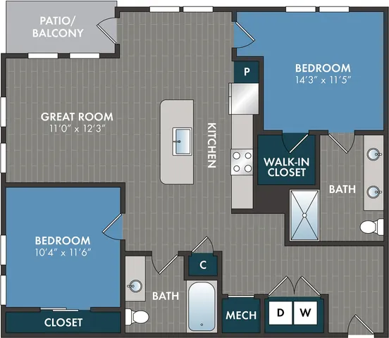 Modern floor plan showcasing 2 bedrooms, a spacious great room, and a sleek kitchen with island, featuring a patio/balcony and luxurious walk-in closet.