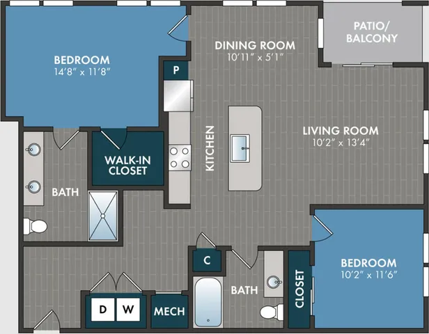 Modern apartment floor plan with 2 bedrooms, open kitchen, spacious living and dining areas, two baths, walk-in closet, and charming patio.