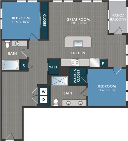 Modern 2-bedroom floor plan featuring a great room, sleek kitchen, two bathrooms, and a spacious patio/balcony.