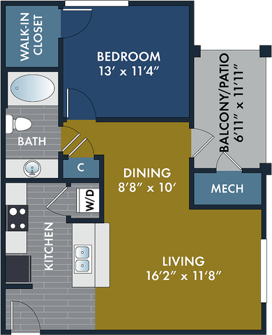 2D and 3D floor plan of the Ashby one-bedroom, one-bath apartment at Abberly CenterPointe by HHHunt in Midlothian, VA, showing the apartment layout, living area, kitchen, bedroom, bathroom, and storage.