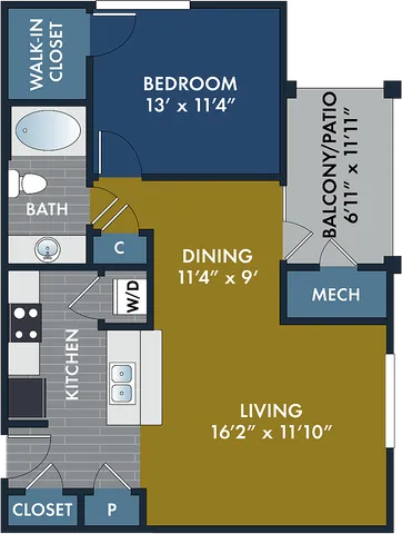 2D and 3D floor plan of the Ashby Manor one-bedroom, one-bath apartment at Abberly CenterPointe by HHHunt in Midlothian, VA, showing the apartment layout, living area, kitchen, bedroom, bathroom, and storage.