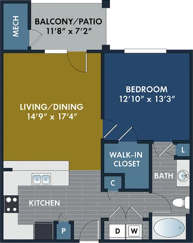 2D and 3D floor plan of the Beasley one-bedroom, one-bath apartment at Abberly CenterPointe by HHHunt in Midlothian, VA, showing the apartment layout, living area, kitchen, bedroom, bathroom, and storage.
