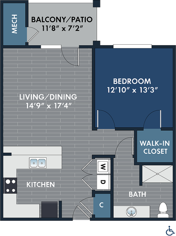 2D and 3D floor plan of the Carlyle one-bedroom, one-bath apartment at Abberly CenterPointe by HHHunt in Midlothian, VA, showing the apartment layout, living area, kitchen, bedroom, bathroom, and storage.