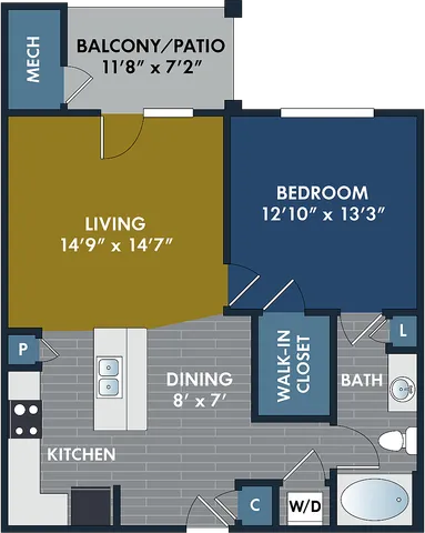 2D and 3D  floor plan of the Covell one-bedroom, one-bath apartment at Abberly CenterPointe by HHHunt in Midlothian, VA, showing the apartment layout, living area, kitchen, bedroom, bathroom, and storage.