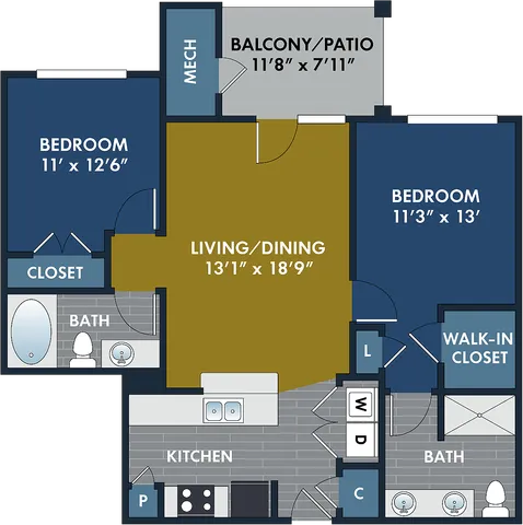 2D and 3D floor plan of the Grayson two-bedroom, two-bath apartment at Abberly CenterPointe by HHHunt in Midlothian, VA, showing the apartment layout, living areas, kitchen, bedrooms, bathrooms, and storage.