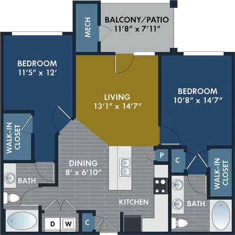 2D and 3D floor plan of the Hamner two-bedroom, two-bath apartment at Abberly CenterPointe by HHHunt in Midlothian, VA, showing the apartment layout, living areas, kitchen, bedrooms, bathrooms, and storage.