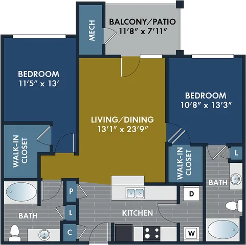 2D and 3D floor plan of the Harlow two-bedroom, two-bath apartment at Abberly CenterPointe by HHHunt in Midlothian, VA, showing the apartment layout, living areas, kitchen, bedrooms, bathrooms, and storage.