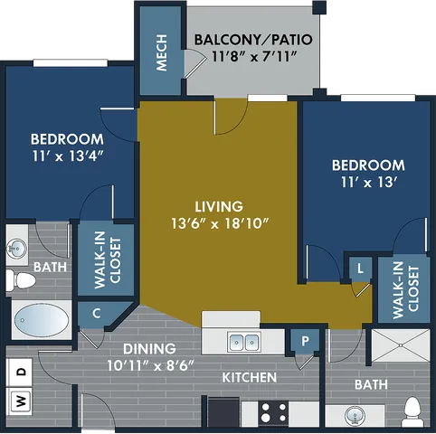2D and 3D floor plan of the Monroe two-bedroom, two-bath apartment at Abberly CenterPointe by HHHunt in Midlothian, VA, showing the apartment layout, living areas, kitchen, bedrooms, bathrooms, and storage.