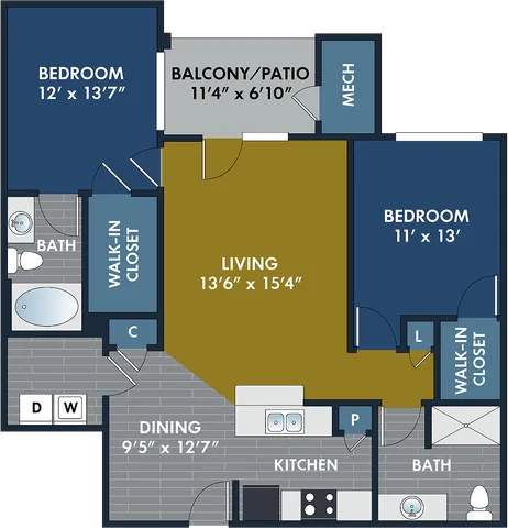 2D and 3D floor plan of the Pearson two-bedroom, two-bath apartment at Abberly CenterPointe by HHHunt in Midlothian, VA, showing the apartment layout, living areas, kitchen, bedrooms, bathrooms, and storage.