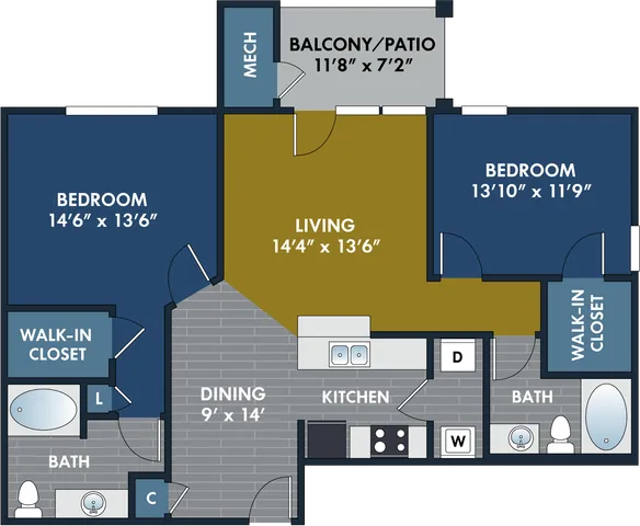 2D and 3D floor plan of the Rubin two-bedroom, two-bath apartment at Abberly CenterPointe by HHHunt in Midlothian, VA, showing the apartment layout, living areas, kitchen, bedrooms, bathrooms, and storage.