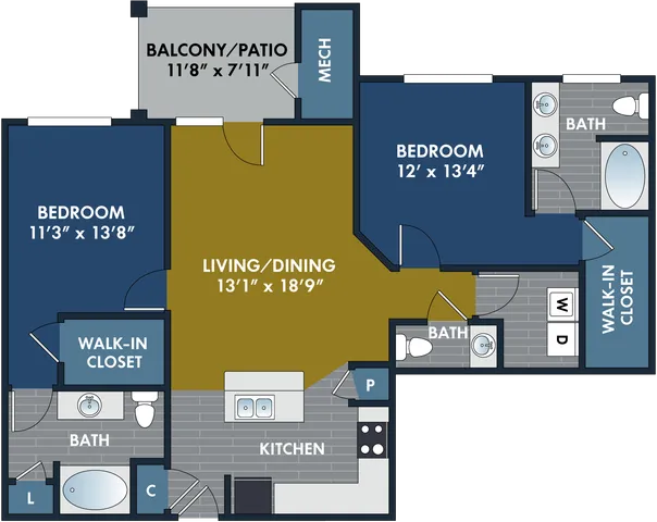 2D and 3D floor plan of the Seawell two-bedroom, two-and-a-half-bath apartment at Abberly CenterPointe by HHHunt in Midlothian, VA, showing the apartment layout, living areas, kitchen, bedrooms, bathrooms, and storage.