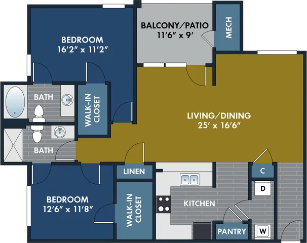 2D and 3D floor plan of the Taylor two-bedroom, two-bath apartment at Abberly CenterPointe by HHHunt in Midlothian, VA, showing the apartment layout, living areas, kitchen, bedrooms, bathrooms, and storage.