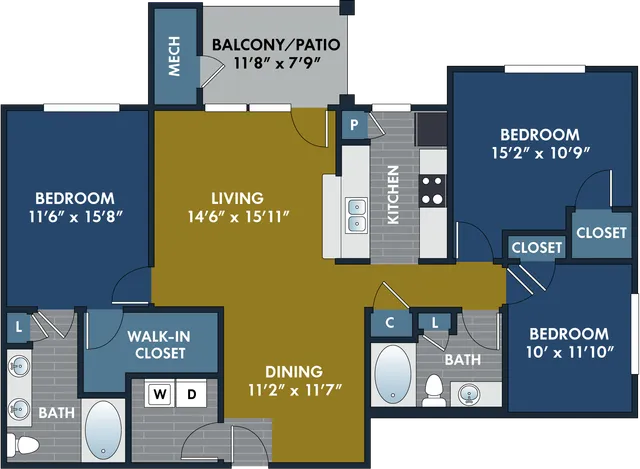 2D and 3D floor plan of the Tucker three-bedroom, two-bath apartment at Abberly CenterPointe by HHHunt in Midlothian, VA, showing the apartment layout, living areas, kitchen, bedrooms, bathrooms, and storage.