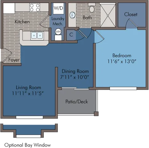 Modern apartment floor plan featuring one bedroom, inviting living room, cozy dining area, and efficient kitchen layout with patio access.