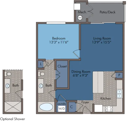Contemporary floor plan with spacious bedroom, two bathrooms, open living and dining area, kitchen, and private patio. Ideal urban living space.