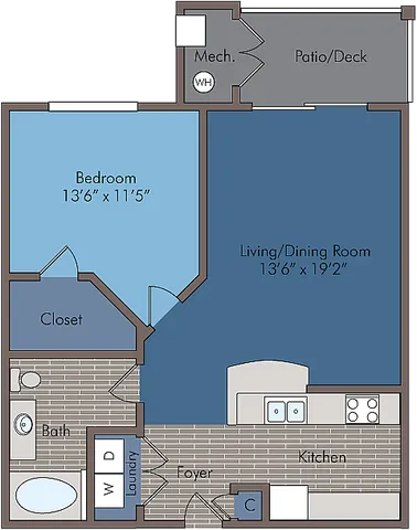 Elegant 1-bedroom apartment floor plan with open living/dining area, modern kitchen, and private patio.