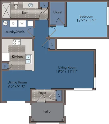 Charming 2D floor plan showcasing a spacious 1-bedroom apartment with open-concept living and dining areas, modern kitchen, cozy patio, and convenient laundry space.