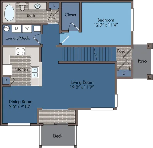 Charming 1-bedroom floor plan with spacious living room, modern kitchen, cozy dining area, and private patio.