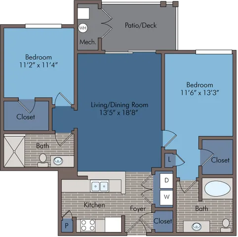 Modern floor plan with 2 bedrooms, spacious living/dining area, and private patio, perfect for comfortable living.